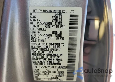 2000 Nissan Frontier Crew Cab Xe from USA, damaged, VIN 1N6ED27T2YC415009